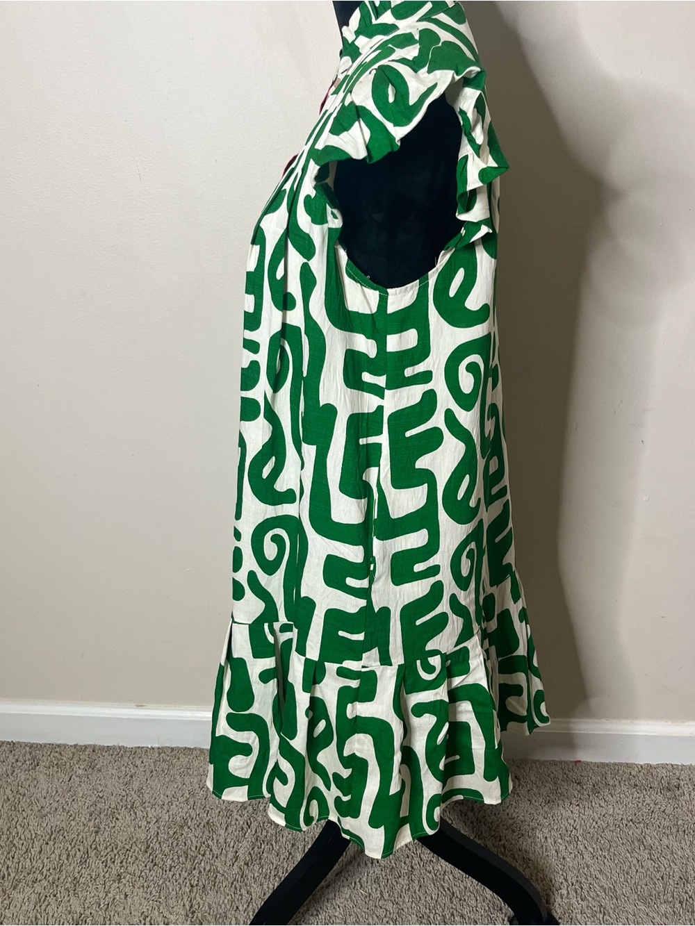 THML Women’s Green White Abstract Print Ruffle Knee Length Dress Sz M~NWT - Picture 5 of 11